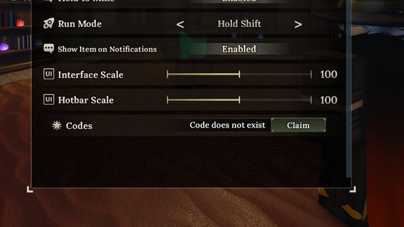The Forge codes field inside the Settings menu
